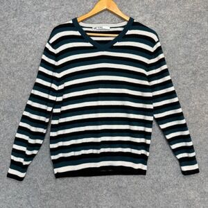 Mr Turk 100% Merino Wool Sweater Adult XL (fits medium) Striped Green Knit Vneck